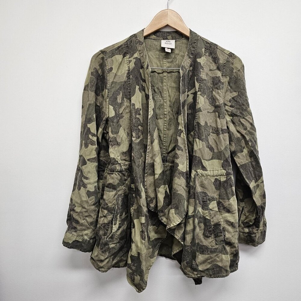 Knox Rose Womens M Open Front Green Camo Utility Jacket Roll Tab Sleeve